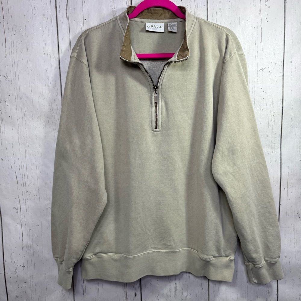 Vintage Orvis Mens Quarter Zip Pullover Sweatshirt Beige Size L Classic Outdoor